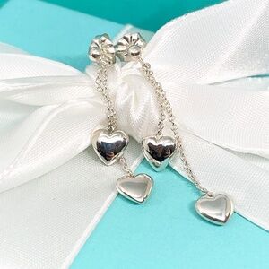 Tiffany & Co. Sterling Silver Puffed Hearts Drop Dangle Earrings With box rare